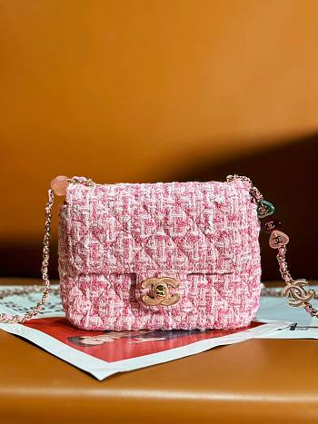 Fortok Chanel Tweed Mini Flap Bag Pink AS3782 16x12x4.5cm