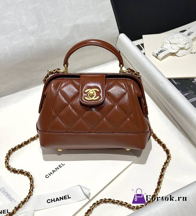 Fortok Chanel Mini Bag With Handle Shiny Brown Lambskin AS4958 12×18×7cm - 1