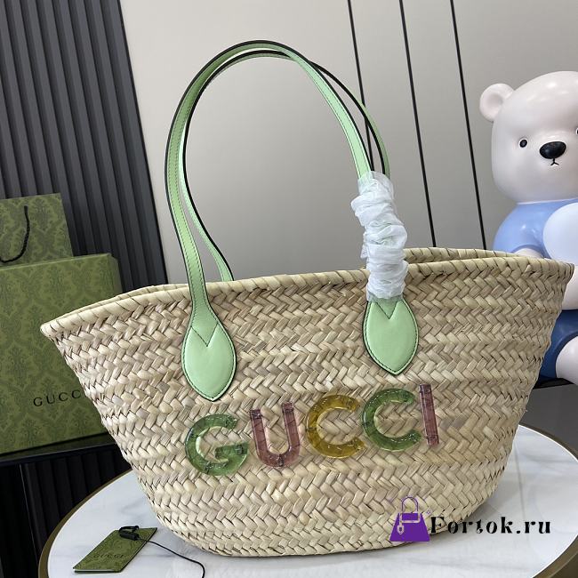 Fortok Gucci Small Straw Tote With Gucci Logo Green Leather Trim 779524 26x22.5x18cm - 1