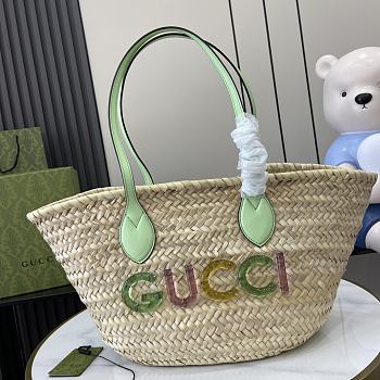 Fortok Gucci Small Straw Tote With Gucci Logo Green Leather Trim 779524 26x22.5x18cm