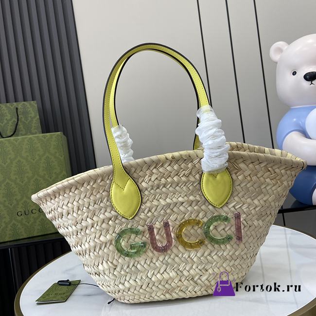 Fortok Gucci Small Straw Tote With Gucci Logo Yellow Leather Trim 779524 26x22.5x18cm - 1