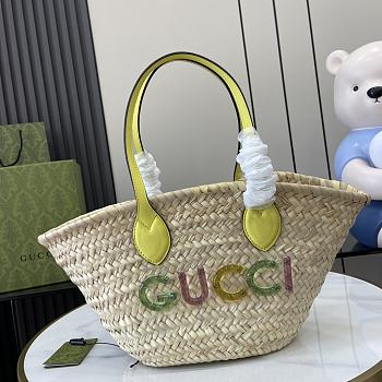 Fortok Gucci Small Straw Tote With Gucci Logo Yellow Leather Trim 779524 26x22.5x18cm