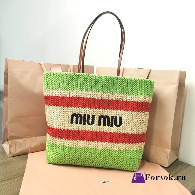 Fortok MiuMiu Striped Braided Tote Bag Green & White 40x34x16cm - 1