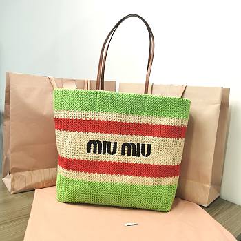 Fortok MiuMiu Striped Braided Tote Bag Green & White 40x34x16cm