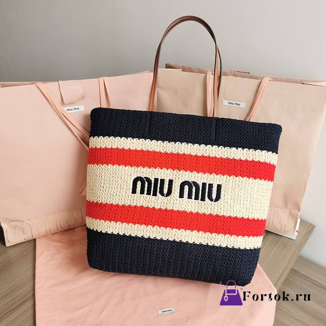 Fortok MiuMiu Striped Braided Tote Bag Black & White 40x34x16cm - 1