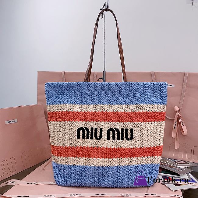 Fortok MiuMiu Striped Braided Tote Bag Blue & White 40x34x16cm - 1