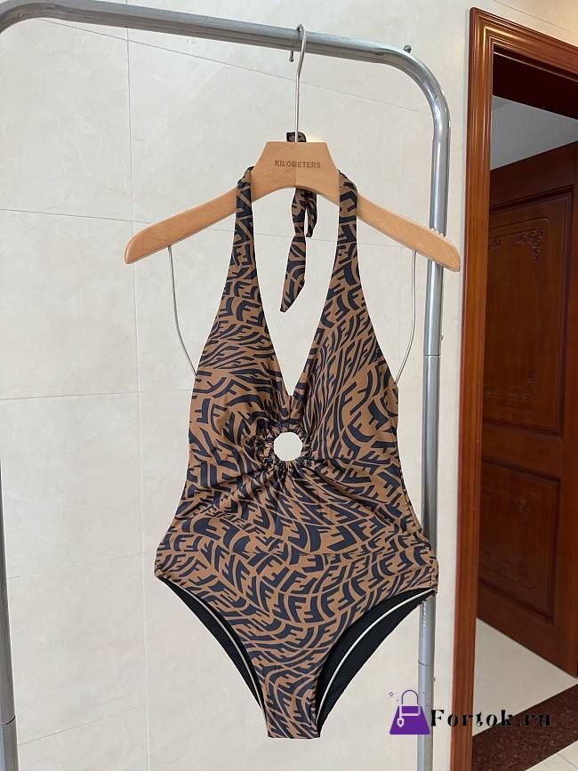 Fortok Fendi Halterneck Swimsuit Women FF Vertigo Motif Lycra Brown - 1