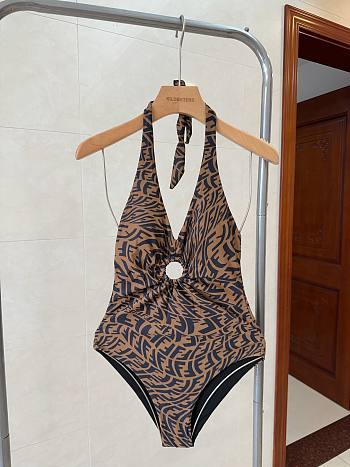 Fortok Fendi Halterneck Swimsuit Women FF Vertigo Motif Lycra Brown