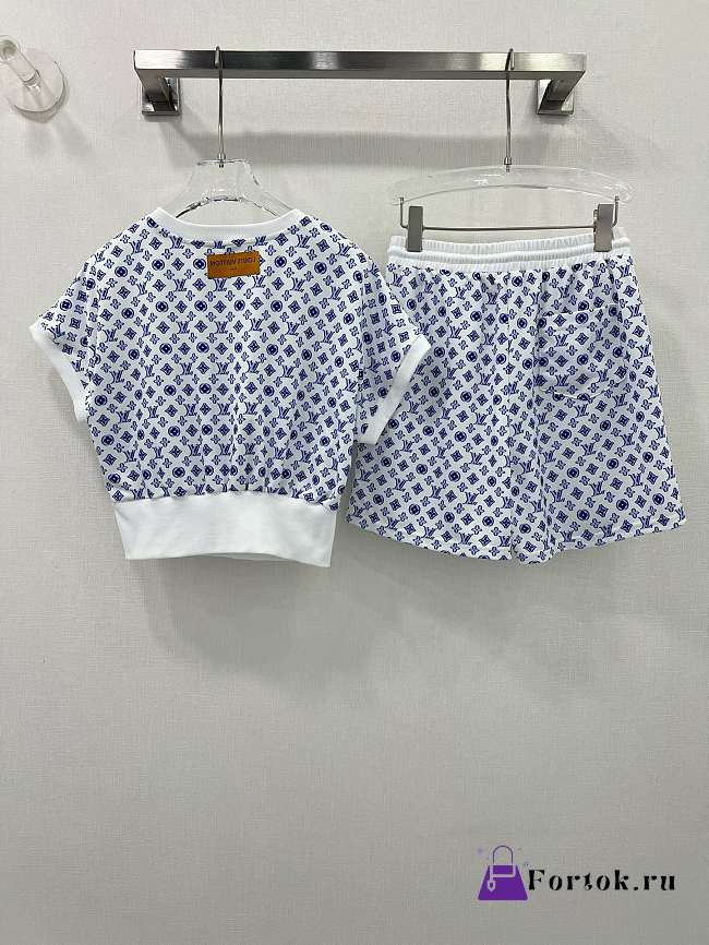 Fortok Louis Vuiton Monogram Short Top & Shorts White & Blue Set - 1