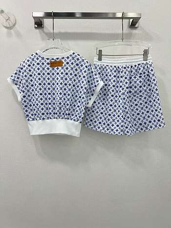 Fortok Louis Vuiton Monogram Short Top & Shorts White & Blue Set