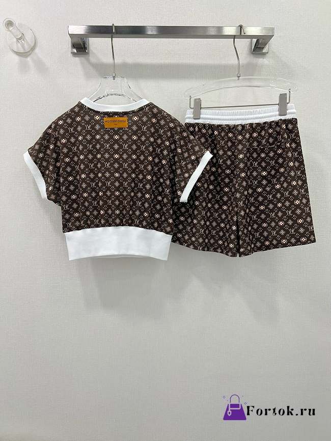 Fortok Louis Vuiton Monogram Short Top & Shorts White & Brown Set - 1