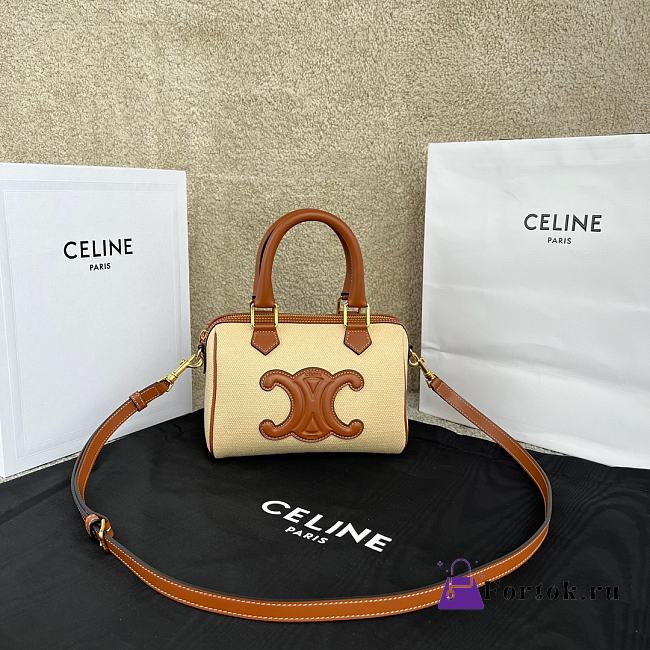 Fortok Celine Triomphe Canvas Small Logo Woven Cowhide Boston Bag Beige 20x15.5x10.5cm - 1