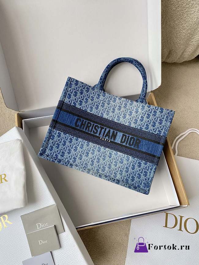 Fortok Dior Book Tote Blue Denim Oblique Jacquard 36x28x16cm - 1