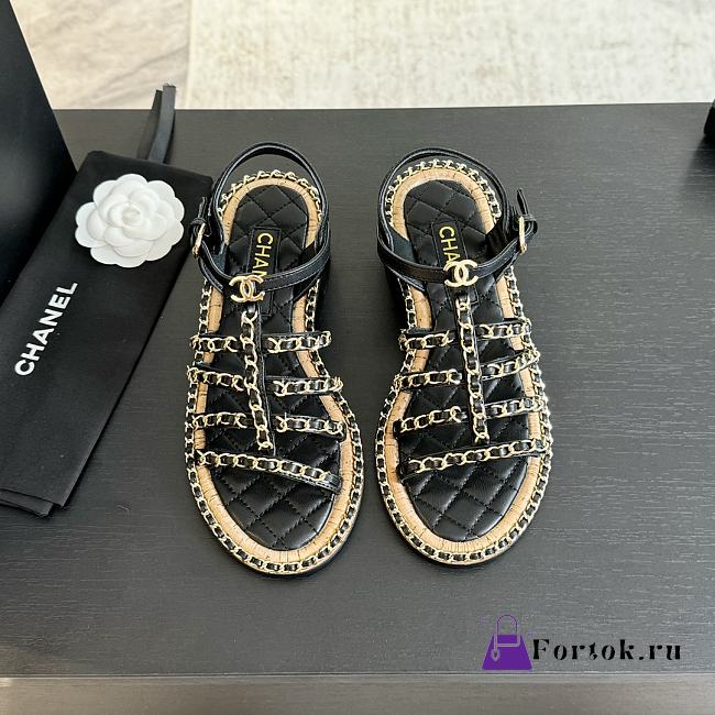 Fortok Chanel Chain Flat Sandals in Black - 1