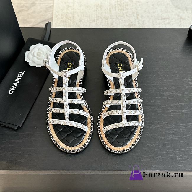 Fortok Chanel Chain Flat Sandals in White - 1