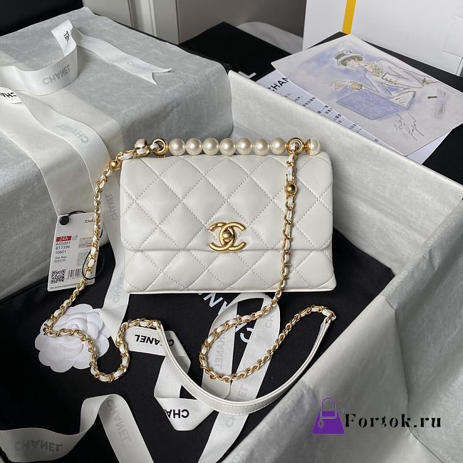 Fortok Chanel Mini Flap Bag White With Pearl Top Handle AS5001 12.5×19×7cm - 1