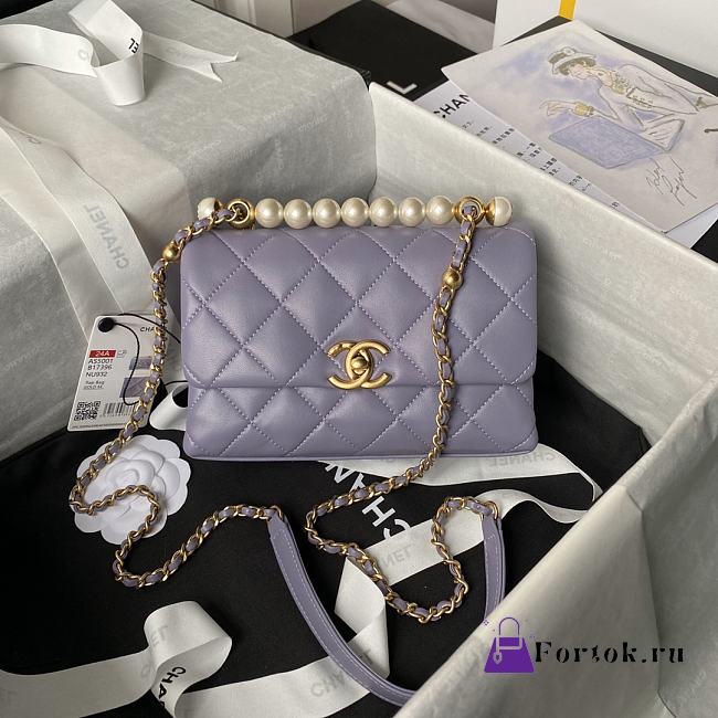 Fortok Chanel Mini Flap Bag Purple With Pearl Top Handle AS5001 12.5×19×7cm - 1