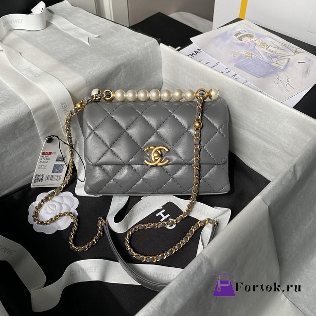 Fortok Chanel Mini Flap Bag Grey With Pearl Top Handle AS5001 12.5×19×7cm - 1