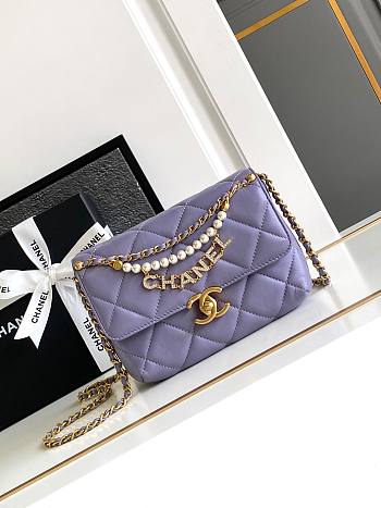 Fortok Chanel Mini Flap Bag Shiny Lambskin, Faux Pearls & Gold Metallic Purple AS4986 13x20x7.5cm