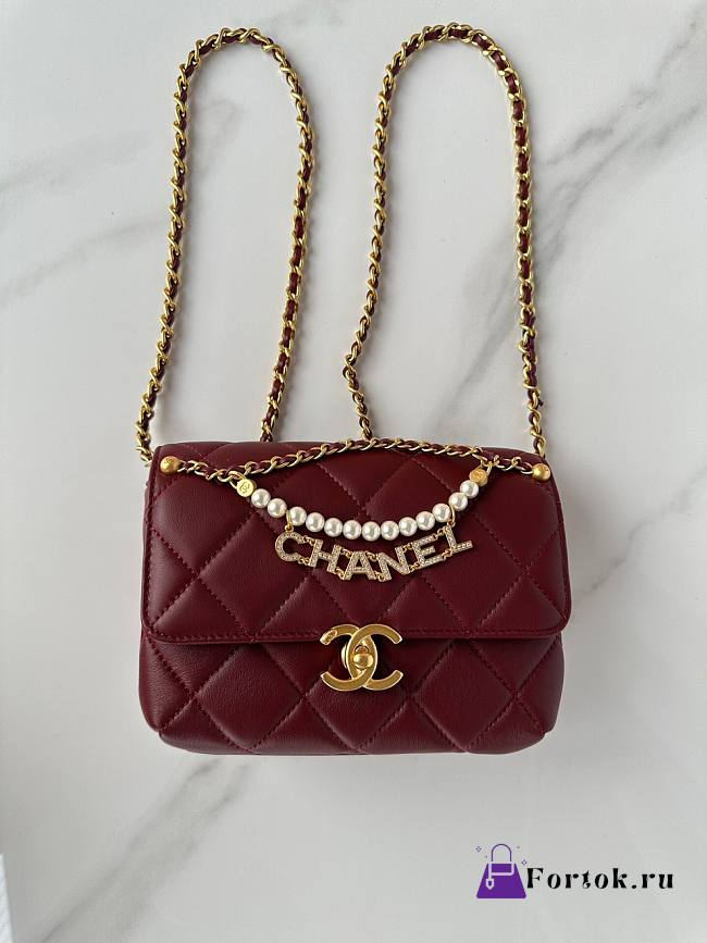 Fortok Chanel Mini Flap Bag Shiny Lambskin, Faux Pearls & Gold Metallic Burgundy AS4986 13x20x7.5cm - 1