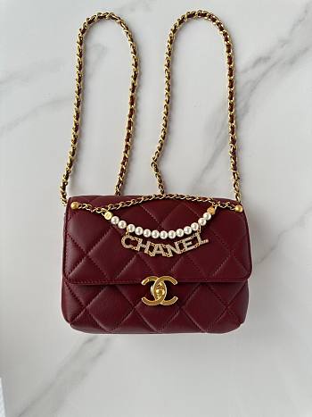 Fortok Chanel Mini Flap Bag Shiny Lambskin, Faux Pearls & Gold Metallic Burgundy AS4986 13x20x7.5cm