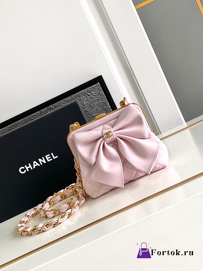 Fortok Chanel Bow Clutch With Chain Pink 13x10x3.5cm - 1