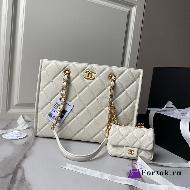 Fortok Chanel Shopping Bag Grained Calfskin & Gold Metal White AS4940 24×30.5×10cm  - 1