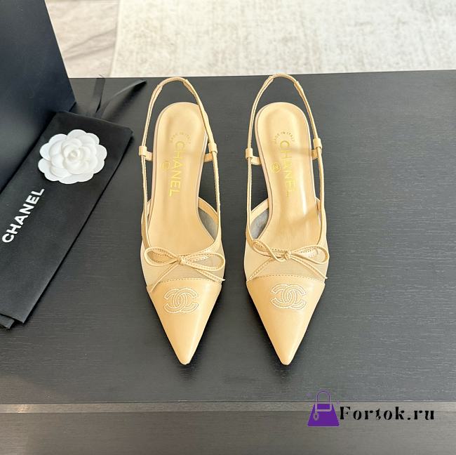 Fortok Chanel Beige Mesh Logo Slingback Heels - 1