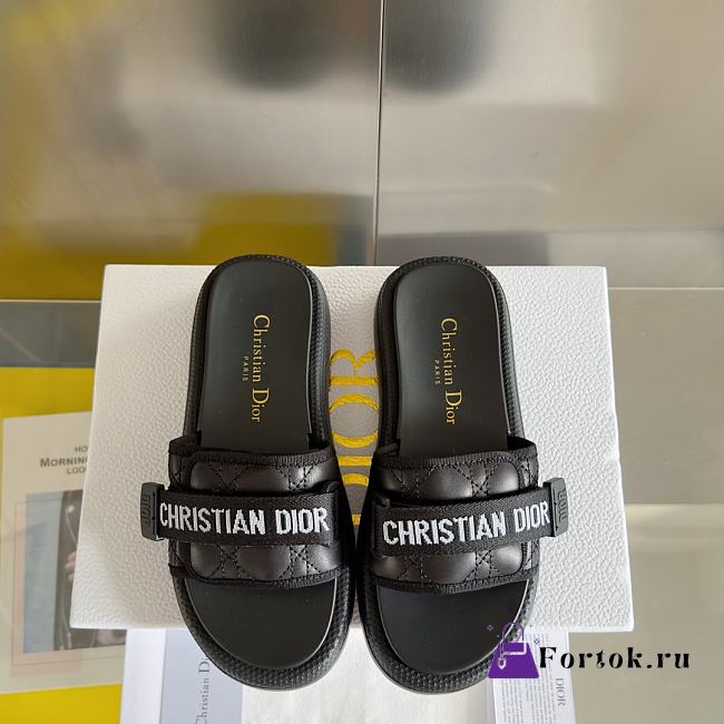 Fortok Dior Dioriviera Revolution Slides Black Quilted Cannage Leather-Effect Fabric - 1