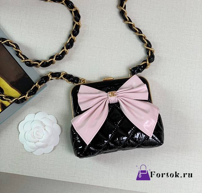 Fortok Chanel Pink Bow Clutch With Chain Black Leather 13x10x3.5cm - 1