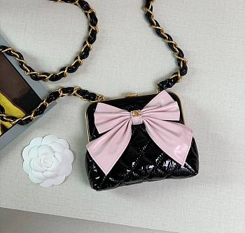 Fortok Chanel Pink Bow Clutch With Chain Black Leather 13x10x3.5cm