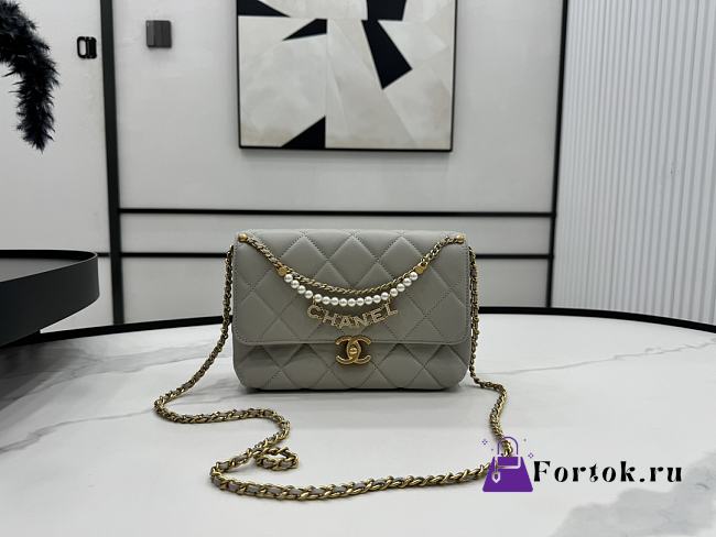 Fortok Chanel Flap Bag Shiny Lambskin, Faux Pearls & Gold Metallic Grey AS4986 22x14.5x11cm  - 1