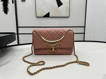 Fortok Chanel Flap Bag Shiny Lambskin, Faux Pearls & Gold Metallic Dark Pink AS4986 22x14.5x11cm 