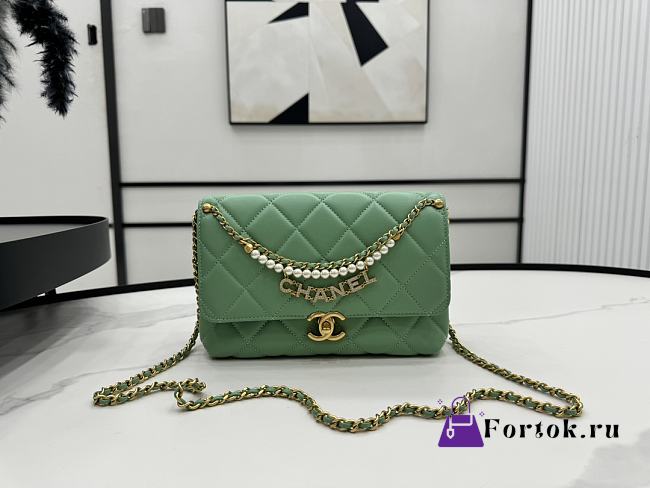 Fortok Chanel Flap Bag Shiny Lambskin, Faux Pearls & Gold Metallic Green AS4986 22x14.5x11cm - 1