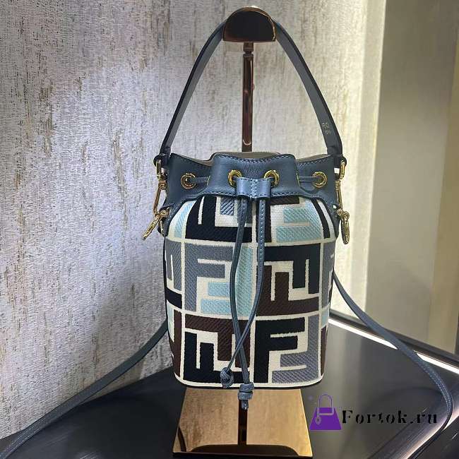 Fortok Fendi Multicolor Canvas Bag FF Blue Bucket Bag 12x18x10cm - 1