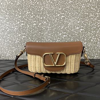 Fortok Valentino Garavani Locò Straw & Brown Leather Shoulder Bag 22x9x17cm