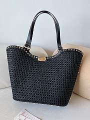 Fortok Valentino Garavani Rockstud Woven Raffia Shopping Bag Black 30x14x30cm - 1