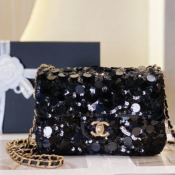 Fortok Chanel 23C Sequin Flap Bag Black 20cm