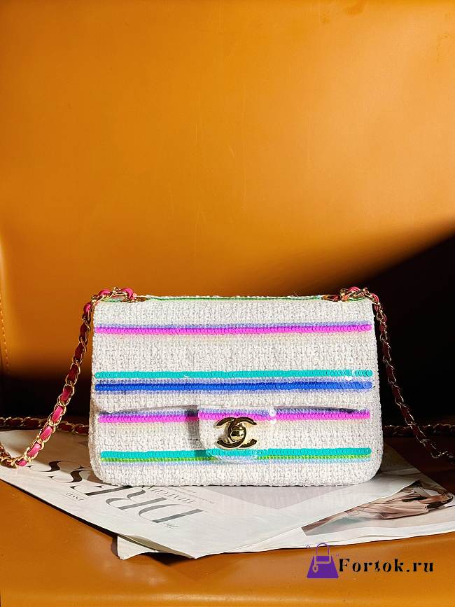 Fortok Chanel 24S Sequin Striped Braided Mini Flap Bag White 20cm - 1