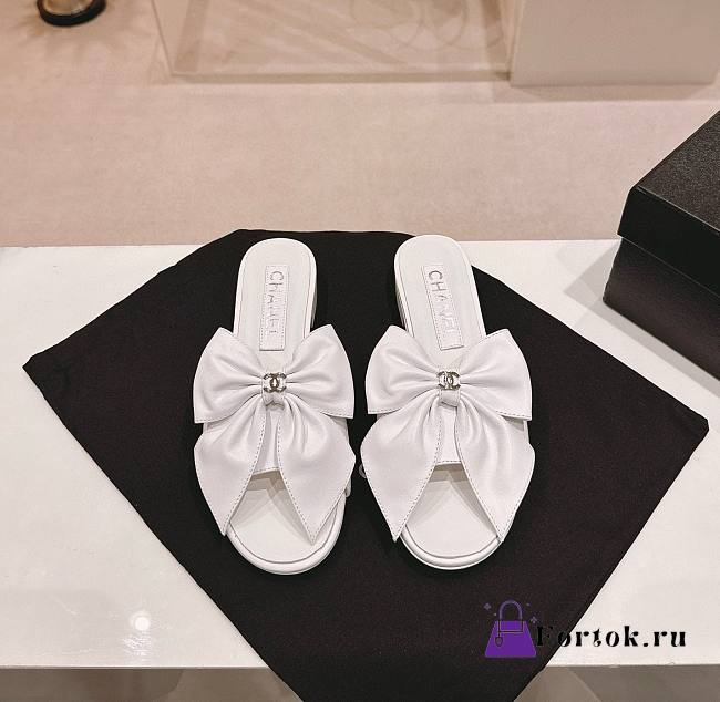 Fortok Chanel Bow Slippers White - 1