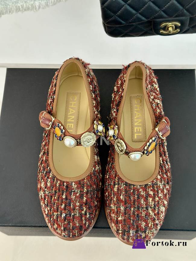 Fortok Chanel Mary Jane Shoes Wool Tweed, Faux Pearls & Metallics Brown, Red & Dark Blue - 1