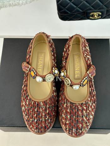 Fortok Chanel Mary Jane Shoes Wool Tweed, Faux Pearls & Metallics Brown, Red & Dark Blue