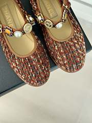 Fortok Chanel Mary Jane Shoes Wool Tweed, Faux Pearls & Metallics Brown, Red & Dark Blue - 6