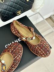 Fortok Chanel Mary Jane Shoes Wool Tweed, Faux Pearls & Metallics Brown, Red & Dark Blue - 3