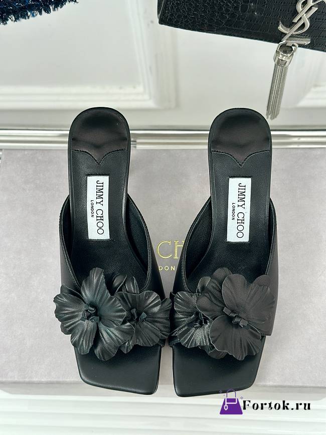 Fortok Jimmy Choo Flower High-heeled Slippers Black - 1