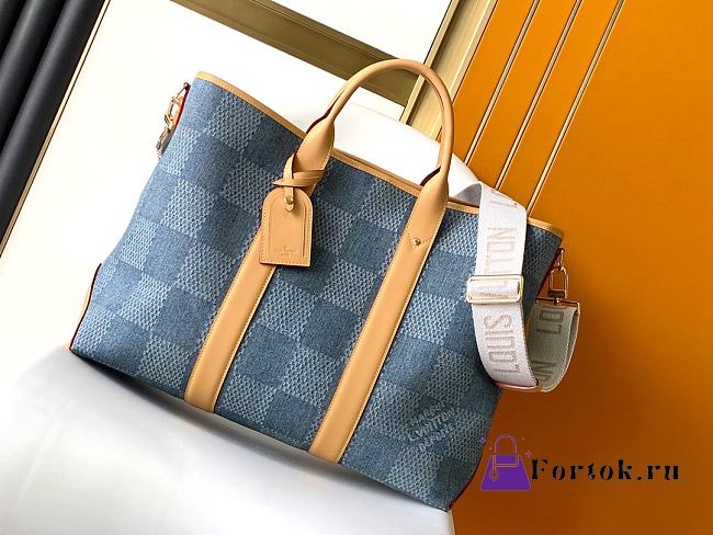 Fortok Louis Vuitton Weekend Tote Bag Blue Damier Denim 3D Cotton Canvas N40702 43x34x17.5cm  - 1