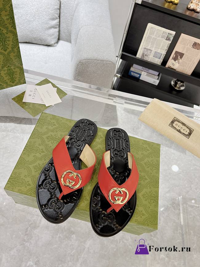 Fortok Gucci GG Thong Red Web Sandals - 1