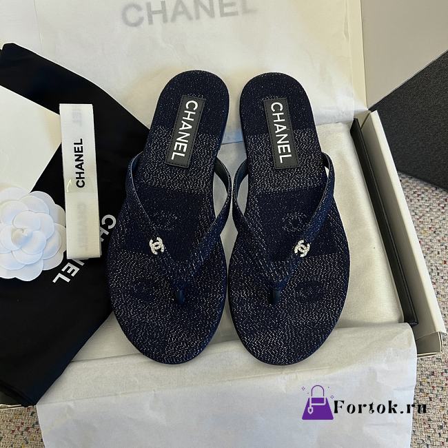 Fortok Chanel Jacquard Dark Blue Denim Flip-flops - 1