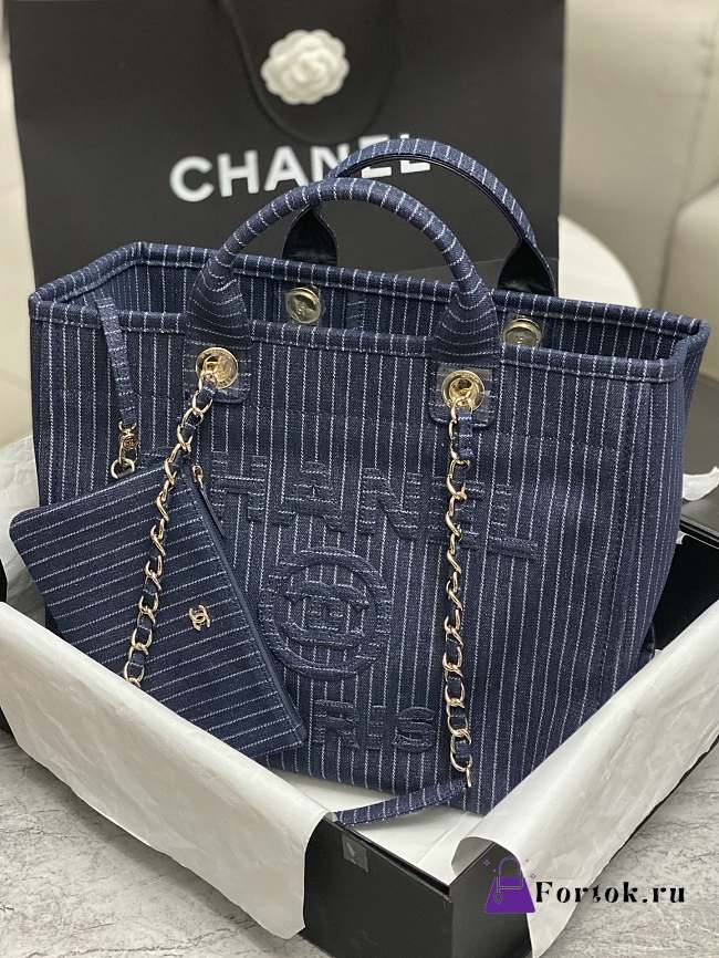 Fortok Chanel Blue Denim Canvas Shopping Bag 38x32x18cm - 1