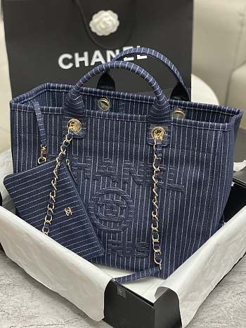 Fortok Chanel Blue Denim Canvas Shopping Bag 38x32x18cm